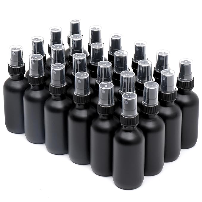 NOOEEISS Frosted Black Glass Small Spray Bottle 2 oz 24 Packs,Fine Mist Sprayer Small Clear Bottles,Refillable Containers mini spray bottles for Cleaning Solutions and Skin Care (Frosted Black 24pcs)