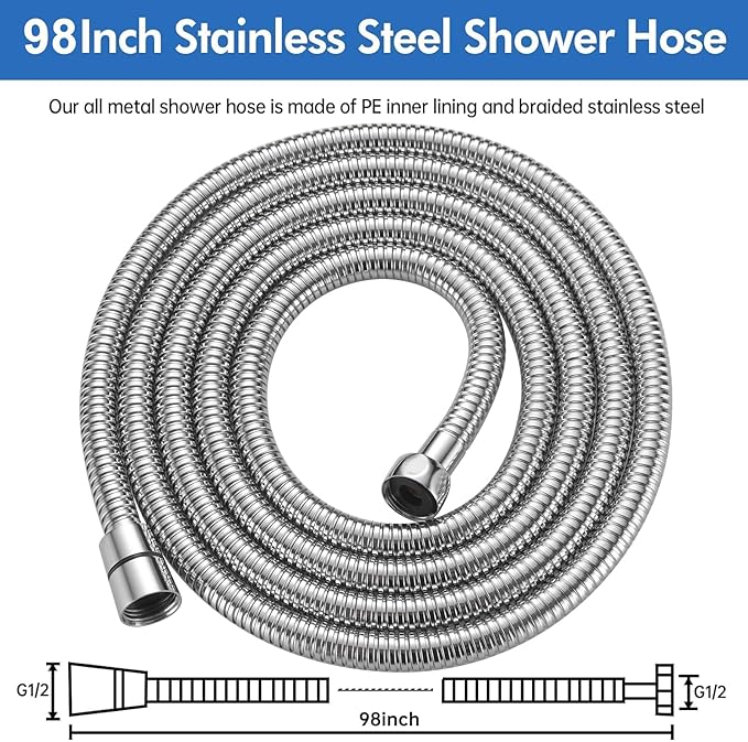 RUMOSE 98 inches Shower Hose Extra Long Stainless Steel Shower Tube Attachment Flexible Handheld Shower Sprayer Hose, Polished Chrome