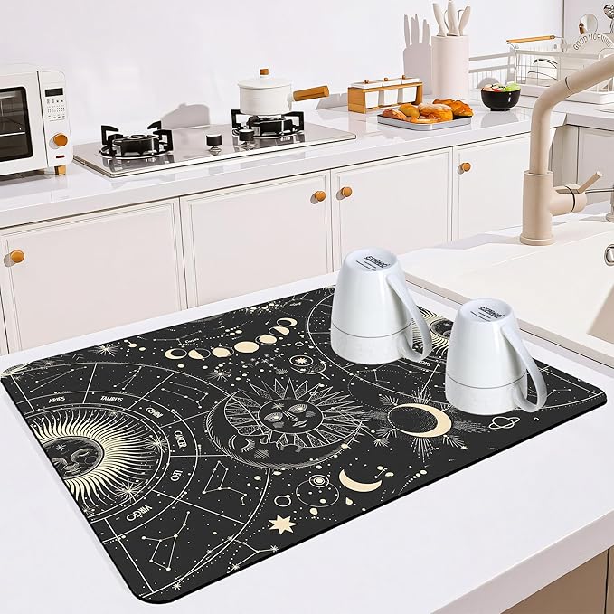 Dish Drying Mat for Multiple Usage. Super Absorbent, Easy clean, Quick dry, Cocina Accesorios for Kitchen Counter or Faucet Sink, Coffee bar, Refrigerator or Air fryer liners, 2 Pack sunmoon