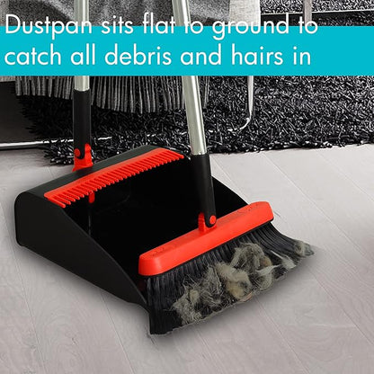PHYEX 2-Pack Broom and Dustpan Combo Set, with 48" Adjustable Long Stainless Handles, Stand Up Dustpan with Self-Cleaning Teeth, Ideal for Home, Office, Kitchen, Indoor & Outdoor Use, Black