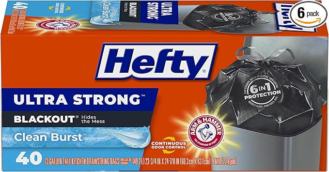Hefty Ultra Strong Trash Bags 13 Gallon Black | Tall Kitchen | Drawstring Closure | Odor Control | Clean Burst Scent | 40 Bags, Pack of 6