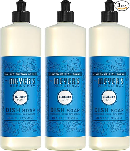 Mrs. MEYER'S CLEAN DAY Liquid Dish Soap, Blueberry Scent, 16 Fl Oz Bottle - 3 Pack