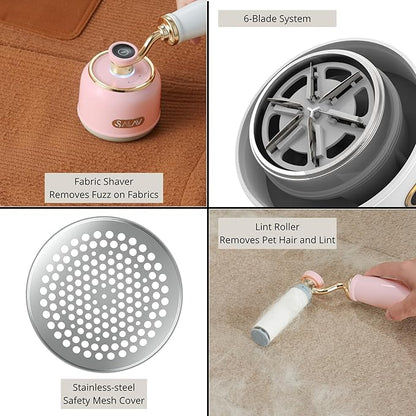 SALAV Retro Handheld Garment Steamer + Iron, Ceramic Steam Plate, 1000 watts of Steam, Removes Wrinkles on Clothes (Rose, Steamer and Iron + Fabric Shaver and Lint Roller)