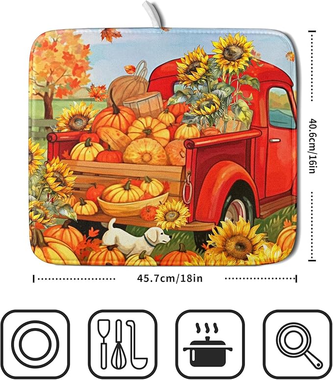 Autumn Pumpkin Red Truck Dish Drying Mat for Kitchen Counter,Fall Leaves Sunflower Cue Dog Harvest Drying Mat 16 x 18 Inch Microfiber Dish Drying Pad Dish Rack Drainer Mat for Coffee Bar