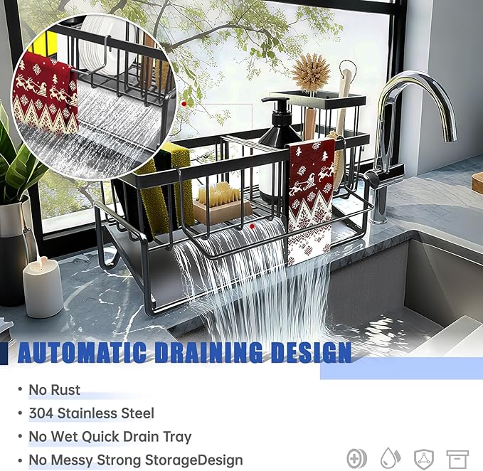 Sponge Holder for Kitchen Sink Caddy，Sink Caddy Organizer with High Brush Holder Adjustable Divider, Tilted Drain Pan, Multifunctional for Home Decor Accessories (Grey)