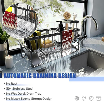 Sponge Holder for Kitchen Sink Caddy，Sink Caddy Organizer with High Brush Holder Adjustable Divider, Tilted Drain Pan, Multifunctional for Home Decor Accessories (Grey)