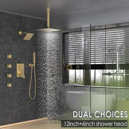 Enga Dual Shower Head Shower System with Body Jets, 12" Ceiling Mounted Rain Shower Head & 6" Wall Mounted Head Full Body Rainfall Shower Faucet with Valve Kit, Brushed Gold