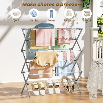 KINGBOARD Clothes Drying Rack, Collapsible Drying Rack Clothing with 11 Poles, 3-Tier Laundry Drying Rack, Small Clothes Drying Rack Foldable for Baby Clothes, 25lb Capacity, Grey
