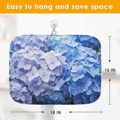 Sanwarm Absorbent Dish Drying Mat, Blue Purple Hydrangea Flower Microfiber Pad for Kitchen Counter, Coffee Bar Decor, Heat Resistant and Reversible, 16" x 18"