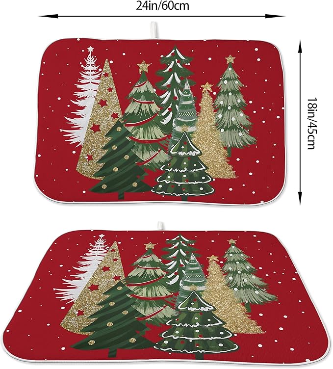Christmas Dish Drying Mat 18x24 Inches For Kitchen Counter Red Green Christmas Tree Kitchen Decoration Drying Mat Modern Decorative Pad For Home Kitchen Decor,Dining Room,Office Decor
