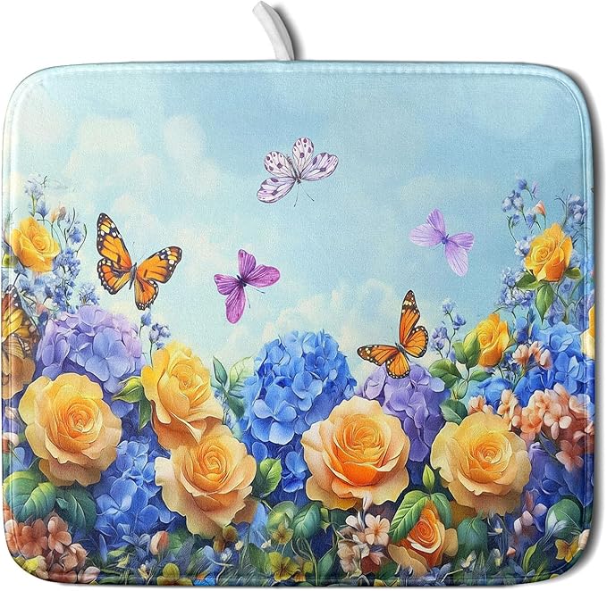 Spring Blue Yellow Hydrangeas Flowers Dish Drying Mat for Kitchen Counter,Colorful Butterflies Flying Drying Mat 16 x 18 Inch with High Absorbent Microfiber Drainer Mat for Coffee Bar