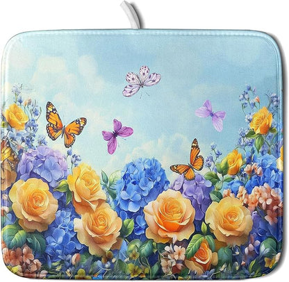 Spring Blue Yellow Hydrangeas Flowers Dish Drying Mat for Kitchen Counter,Colorful Butterflies Flying Drying Mat 16 x 18 Inch with High Absorbent Microfiber Drainer Mat for Coffee Bar