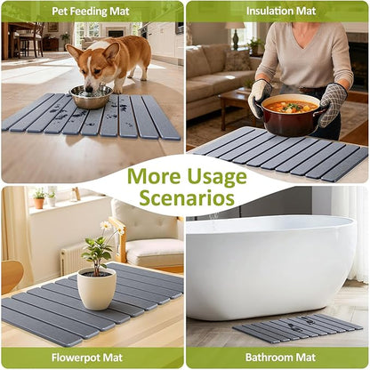 Large Stone Dish Drying Mat for Kitchen Counter, 24"(L)×16"(W), Collapsible Quick Dry Stone Dish Mats, Super Absorbent Diatomaceous Earth Drying Pad for Dishes Bottles Cups, Countertops (Black Grey)