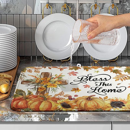 Fall Drying Mat for Kitchen Counter Autumn Thanksgiving Pumpkin Cross Dish Mat Sunflower Maple Leaf Absorbent Microfiber Dish Draining Mat Reusable Dishes Pad Extra Large 18"x24"