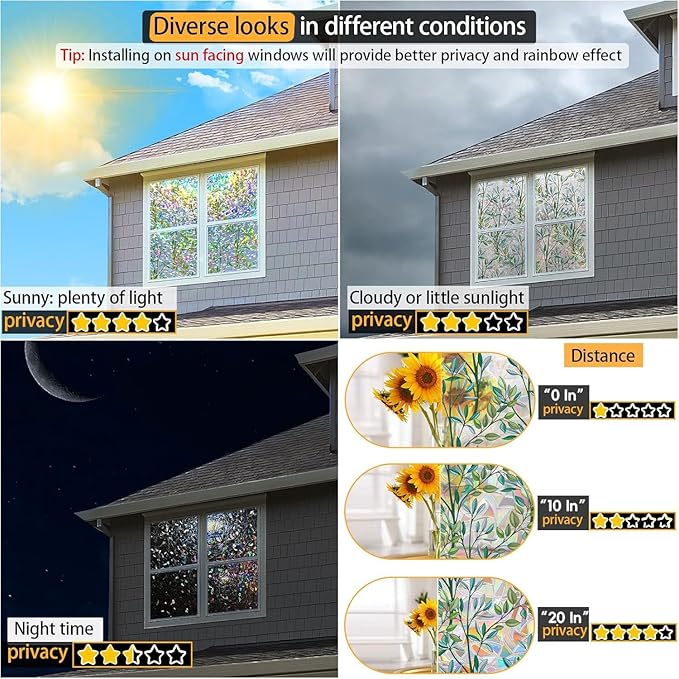 Rainbow Privacy Film with Cutting Line, 3D Decals Stained Glass Window Clings, Static Cling Window Sticker, Suncatcher - 29.5" x 157.4"