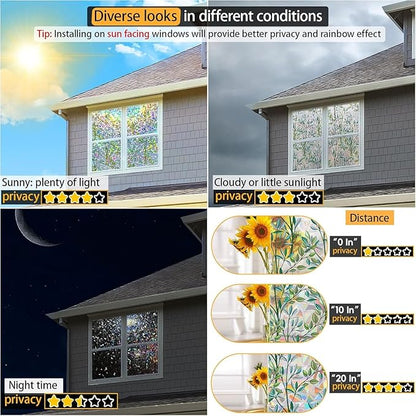 Rainbow Privacy Film with Cutting Line, 3D Decals Stained Glass Window Clings, Static Cling Window Sticker, Suncatcher, 17.5" x 157.4"