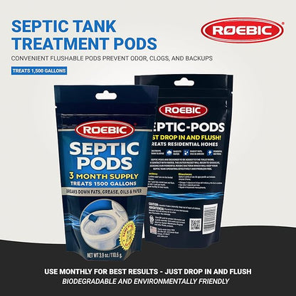 Roebic Septic Tank Treatment Pods, 3 Month Supply of Easy Flush Dissolvable Packets, Bacterial Enzyme Formula for Clog Prevention, Odor Control, Treats 1500 Gallons, 3 Pods
