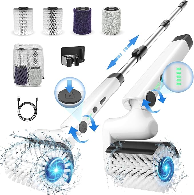 Roller-Type Electric Cleaning Brush - 2025 New Cordless Shower Scrubber with 200min Runtimes, 2-Speeds & 56" Extendable Handle, 4 Brush Heads, Shower Cleaner Brush, for Bathtub/Tile/Floor