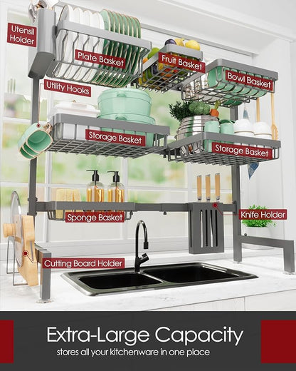 Sakugi Dish Drying Rack - Over The Sink Dish Drainer Drying Rack with Utensil & Knife Holder, Hooks, Stainless Steel Kitchen Organizers and Storage Solution, 11.8" D x 31.5"~39.0''W x 30" H, Gray