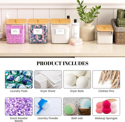 HomePekite 2 Pack Laundry Pods Container,Laundry Room Organization and Storage Containers with Wooden Lids & Labels Large Laundry Detergent Container for Powder,Scent Booster,Pods,Dryer Ball