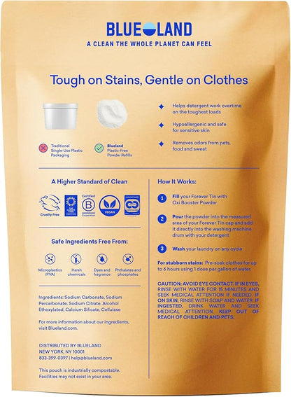 BLUELAND Oxi Laundry Booster Powder with Tin, Starter Set, Spring Bloom Scent, 25 Loads, 17.6 oz, Plastic-Free, Eco Friendly, Oxy Cleaner, Stain Remover