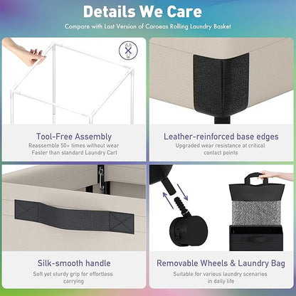 Caroeas Next-Gen 105L Matel Frame Laundry Basket with wheels, Heavy Duty Tall Rolling Laundry Hamper with Removable Wash Bag, Collapsible Freestanding Clothes Hamper (100L,Beige,1Pack)