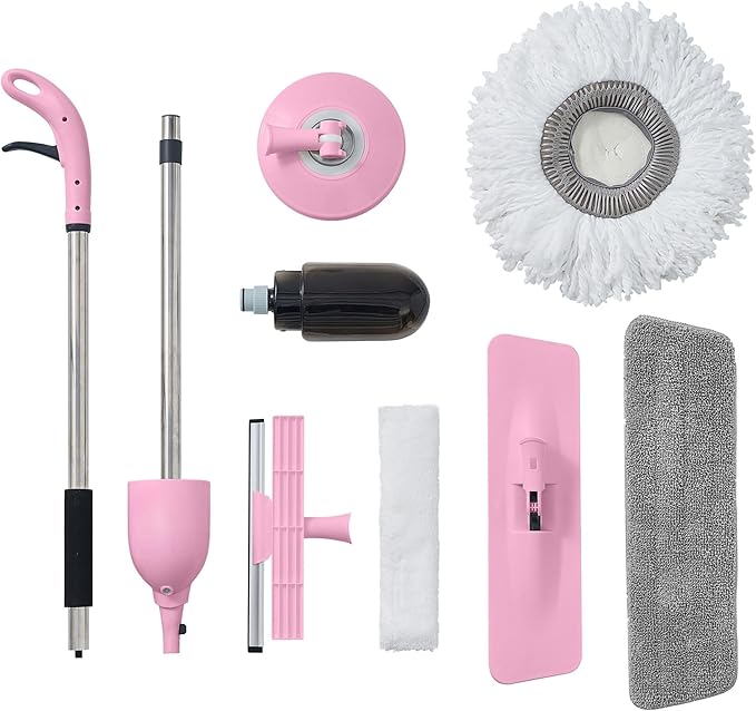 Multi-Surface Spray Mop Kit 3-in-1 with Flat, Round, Squeegee Mop Heads, Refillable Water Bottle, Machine Washable Pads for Floors, Windows