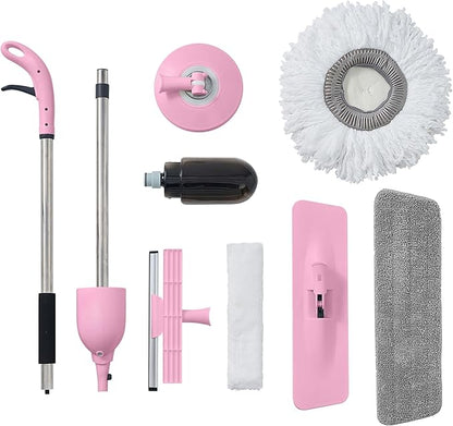 Multi-Surface Spray Mop Kit 3-in-1 with Flat, Round, Squeegee Mop Heads, Refillable Water Bottle, Machine Washable Pads for Floors, Windows