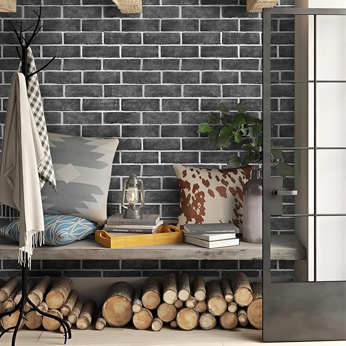 HeloHo 17.7" X 118" Grey Brick Wallpaper Peel and Stick Self-Adhesive Removable 3D Textured Wall Paper for Kitchen Backsplash Living Room Bedroom Decor