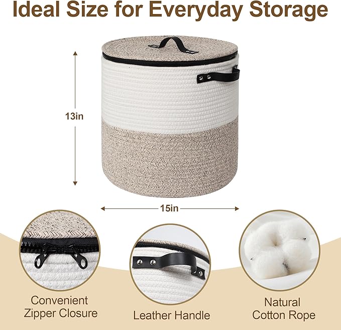 Storage Basket with Lid, 15"x13" Round Woven Blanket Storage for Living Room, Decorative Cotton Rope Hamper with Zipper Top, Wicker Basket with Lid, Floor Covered Kids Dog Toy Bin