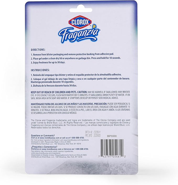 Clorox Fraganzia Stick-On Gel Fresheners, Lavender with Eucalyptus Trash Can Deodorizer Up to 30 Days Scent, Odor Absorber for Kitchen, Bathroom, Closet, No Plug or Batteries, 0.12 Fl Oz, 6 Count