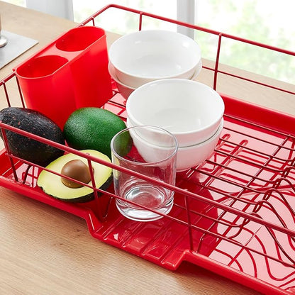 Space-Saving 3-Piece Dish Drainer Rack Set Efficient Kitchen Organizer for Quick Drying and Storage Includes Cutlery Holder and Drainboard Maximize Countertop Space, Bright Red