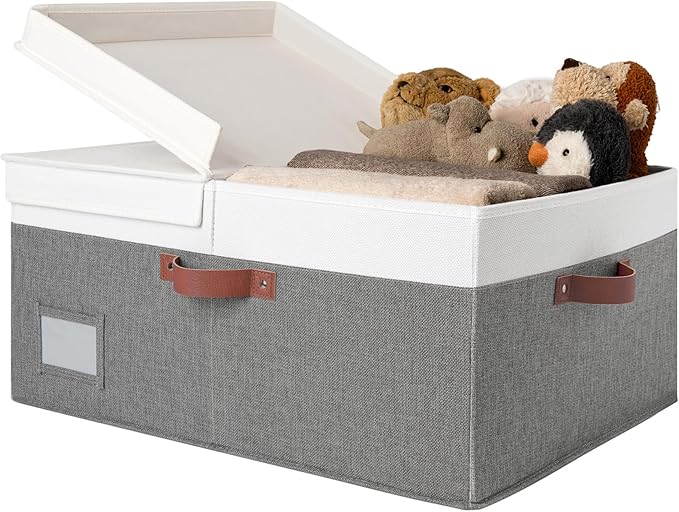 GRANNY SAYS Decorative Storage Boxes with Lids, Collapsible Large Closet Storage Bins with Label, Fabric Storage Bins for Clothes, White&Gray