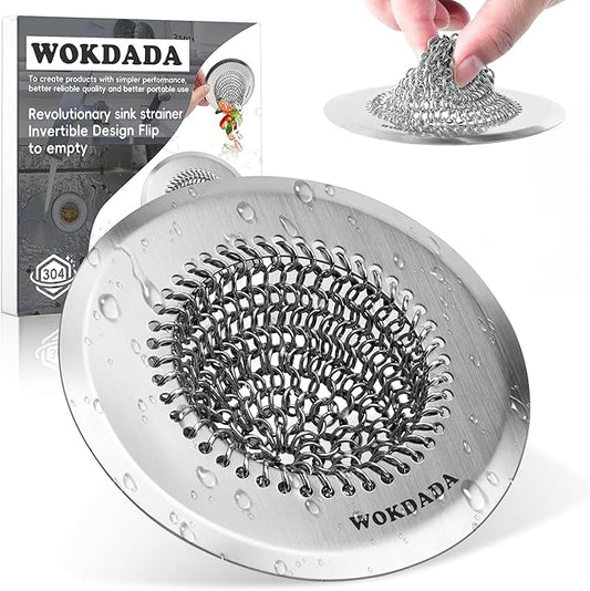 Wokdada Revolutionary Kitchen Sink Drain Strainer/Patented Reversible Chain Mesh, Effortless Cleaning & Debris Catcher, Large Capacity, No Clog, 304 Stainless Steel & Rust-Proof/Handmade
