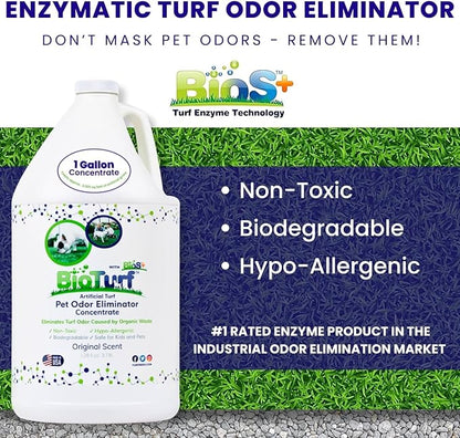 BioTurf BioS+ Artificial Turf Grass Concentrate Enzyme Cleaner and Pet Odor Eliminator - Removes Odors and Sanitizes - Organic, Safe, Environmentally Responsible (1 Gallon) - Original Scent
