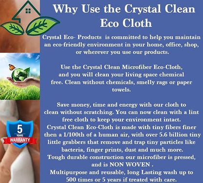 Crystal Clean Eco-Cloth Amazing Lint-Free/Streak-Free/Chemical-Free Microfiber Cloth for Windows & Glass/Mirrors Stainless Steel Appliances TV/Computer/ Tablets...5 in a Pack, White, 16''x16''