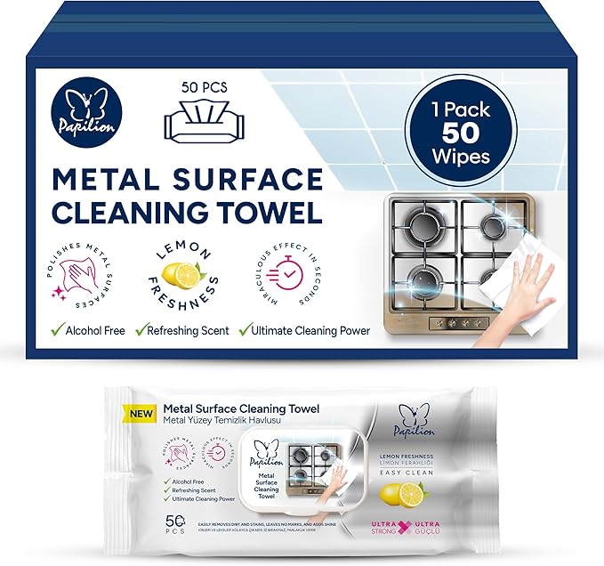 PAPILION Metal Surface Cleaning Wipes – 50 Sheets | Ideal for Stainless Steel, Chrome & Aluminum | Removes Dirt, Smudges & Fingerprints | Streak-Free, Flip-Top Pack