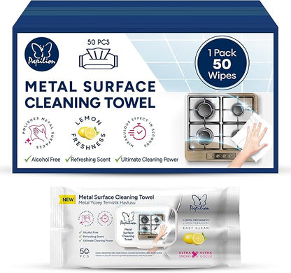 PAPILION Metal Surface Cleaning Wipes – 50 Sheets | Ideal for Stainless Steel, Chrome & Aluminum | Removes Dirt, Smudges & Fingerprints | Streak-Free, Flip-Top Pack