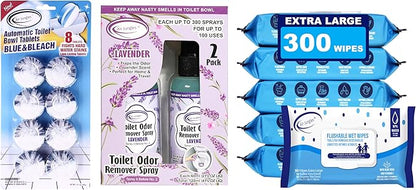 Air Jungles Bathroom Freshness Essentials Bundle :Toilet Bowl Cleaner Tablets, Lavender Odor Eliminator Spray & Flushable Wipes (300 Count)