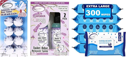 Air Jungles Bathroom Freshness Essentials Bundle :Toilet Bowl Cleaner Tablets, Lavender Odor Eliminator Spray & Flushable Wipes (300 Count)