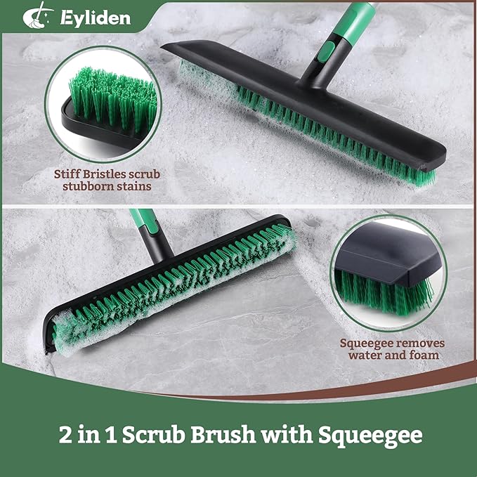 Eyliden Floor Scrub Brush for Stubborn Grime & Deep Cleaning | 15" Wide Head with Rubber Squeegee, Adjustable Long Handle, 2in1 Stiff Bristle Floor Scrubber for Kitchen, Shower, Deck, Patio, Garage