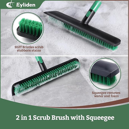 Eyliden Floor Scrub Brush for Stubborn Grime & Deep Cleaning | 15" Wide Head with Rubber Squeegee, Adjustable Long Handle, 2in1 Stiff Bristle Floor Scrubber for Kitchen, Shower, Deck, Patio, Garage