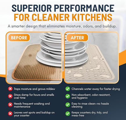 Silicone Dish Drying Mat for Kitchen Counter - Multi-Use 16 x 12 Inch Pad, Non-Slip & Heat-Resistant, Perfect Dish Drainer Mat by Linda’s Essentials, Ideal Kitchen Accessory (Beige)