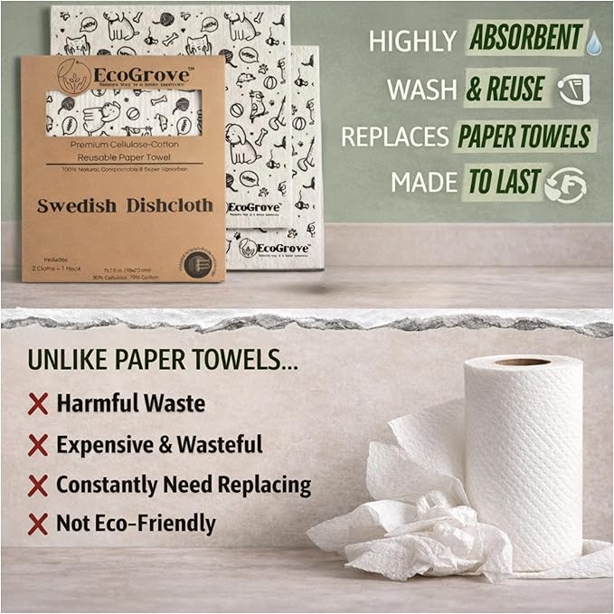 Swedish Dishcloths 2-Pack – Swedish Dish Cloths for Kitchen – Sweedish Dish Towel Alternative – Reusable Paper Towels Washable – Reuseable Cleaning Cloths – Reusable Dish Cloths with Hook