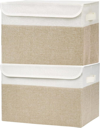Large 42 Quarts Fabric Storage Bins with Lids [2-Pack] Linen Collapsible Foldable Baskets, Closet Organizer Containers boxes with Handles for Home Office (16.7 x 12 x 12, Beige & White)