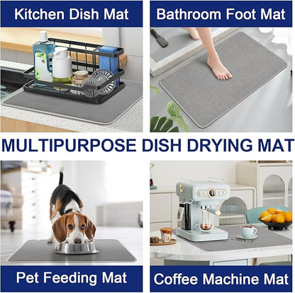 Large Dish Drying Mat 2 Pack, 23.8" x 17.3" Microfiber Ultra Absorbent Quick-Dry Dish Drying Mats for Kitchen Counter, Dish Rack Mat & Drying Pad for Countertops & Sinks, Machine Washable, Gray