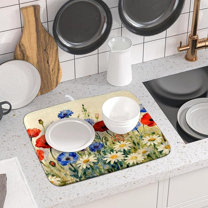 4th of July Dish Drying Mat for Kitchen Counter 16x18 Red Blue White Patriotic Floral Memorial Day Holiday Absorbent Reversible Microfiber Drying Mats Kitchen Countertop Protector Dishes Drainer Pad