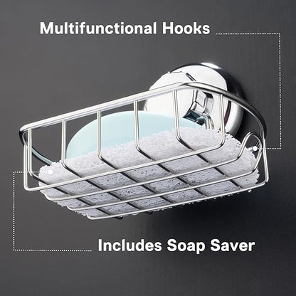 HASKO Suction Cup Soap Dish for Shower Wall, Rustproof Stainless Steel Shower Soap Holder for Bathroom with Hooks and Soap Saver, Includes Optional No Drill Adhesive Mount, Silver