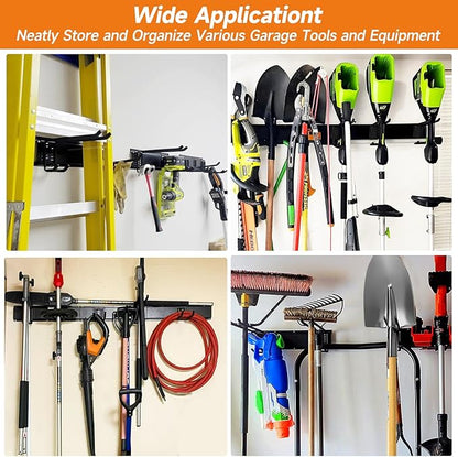 Garden Tool Organizer Wall Mount, Heavy Duty 48 Inches Garage Organization and Storage Racks for Yard Tools with 6 Hooks, Tool Hangers Holders for Hanging Folding Chair, Rake and Shovel