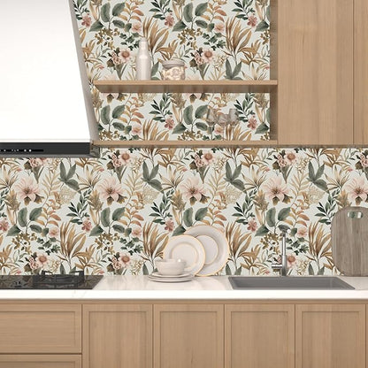 Vintage Floral Peel and Stick Wallpaper Pink Green Gold Botanical Contact Paper Vinyl Self Adhesive Removable Retro Leaf Wall Mural for Living Room Walls Cabinet Dresser Table Decor 17.5" x 118"